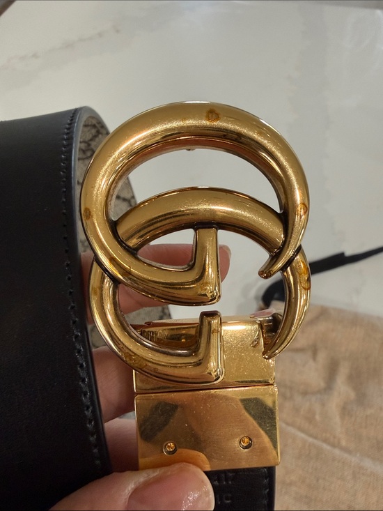 Gucci Black Leather Belt with Gold Double G Buckle and GG Canvas Lining main image 4